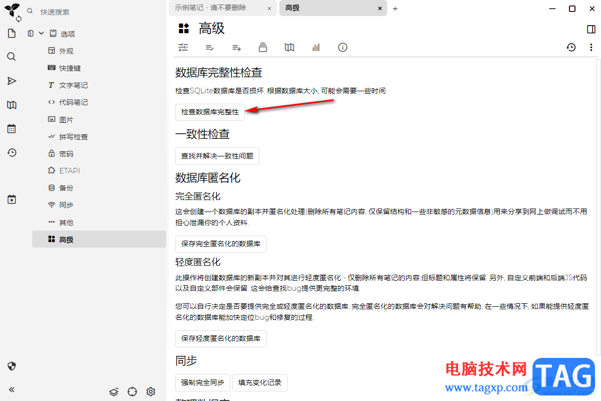 Trilium Notes检查数据库完整性的方法