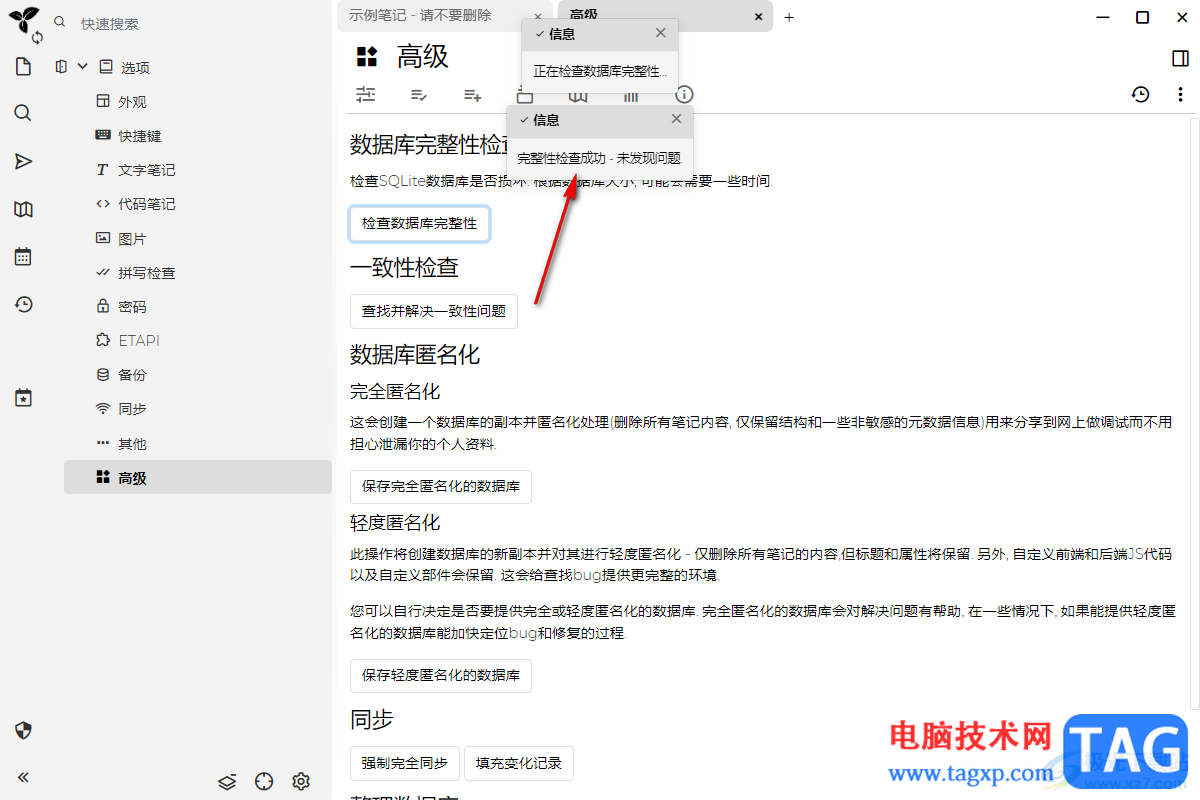 Trilium Notes检查数据库完整性的方法
