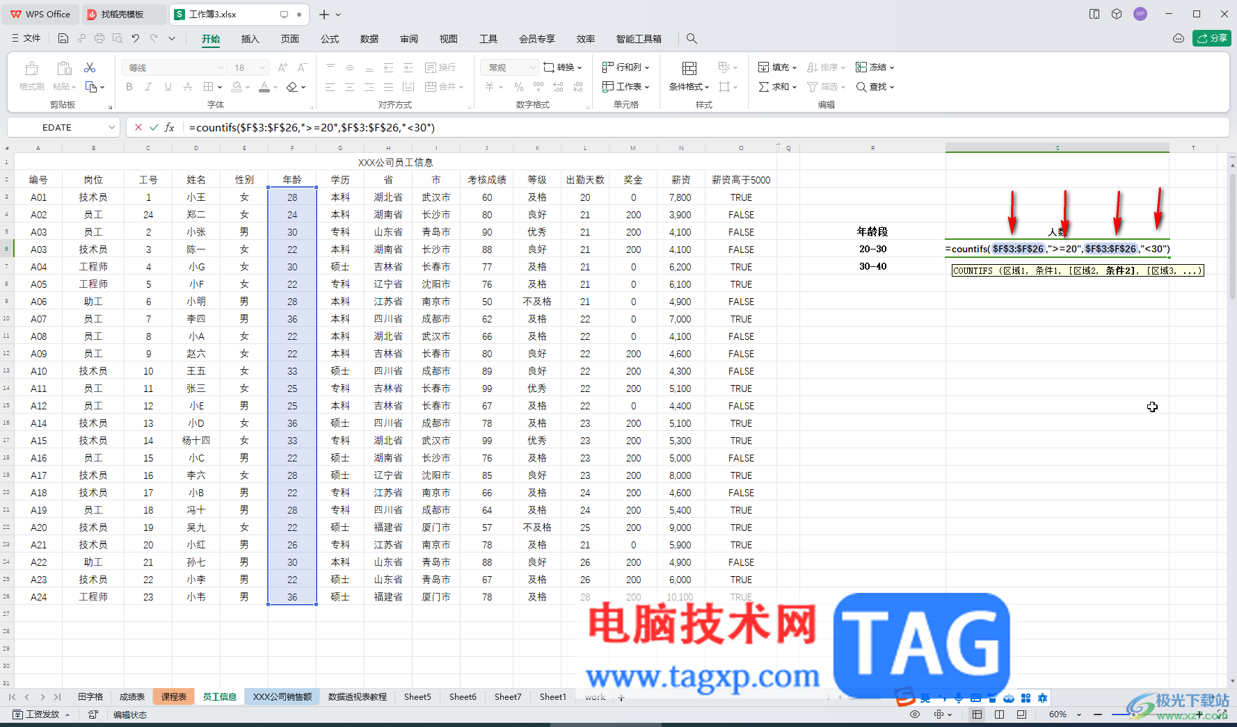 WPS表格电脑版统计不同年龄段人数的方法教程