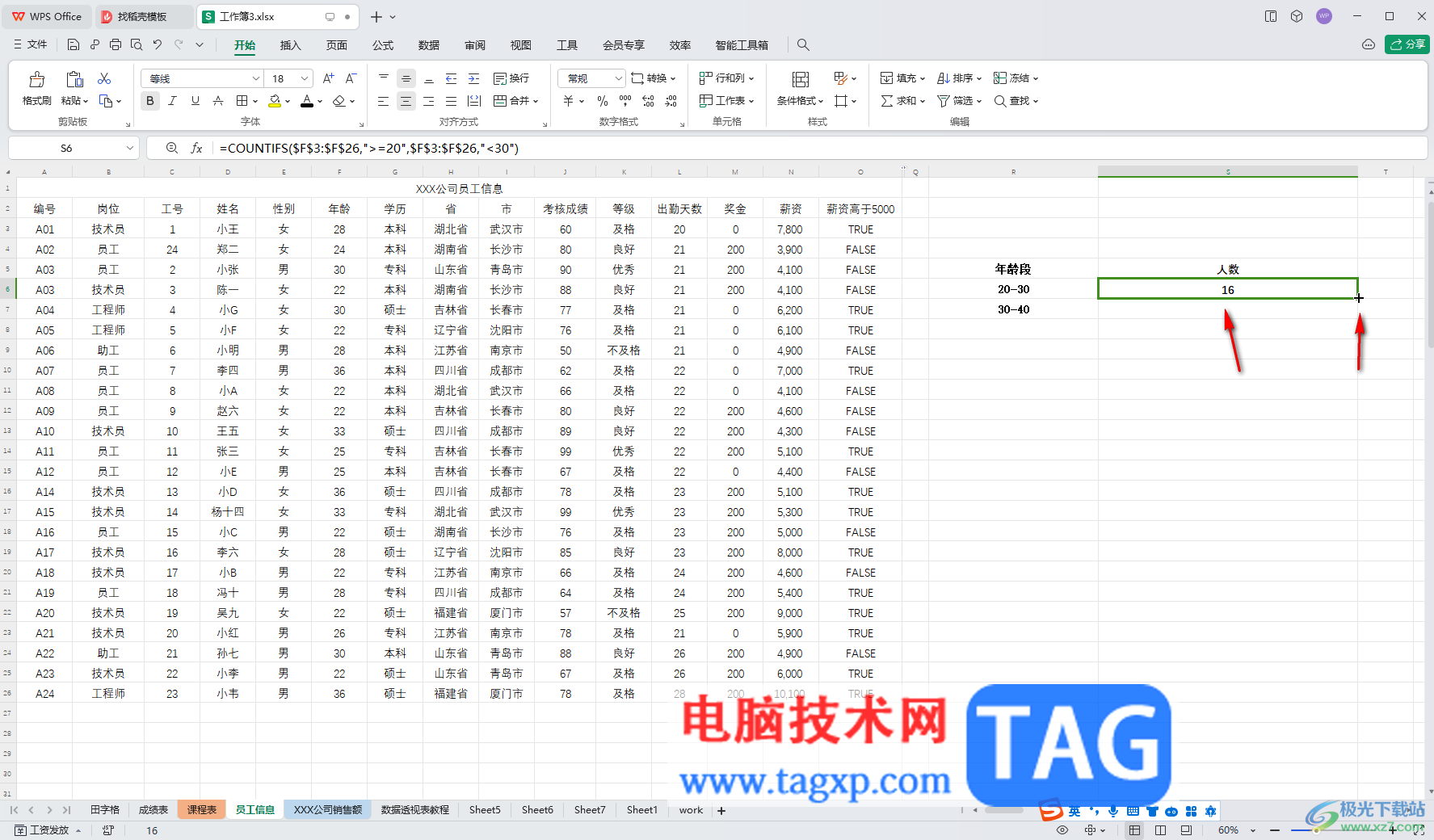 WPS表格电脑版统计不同年龄段人数的方法教程