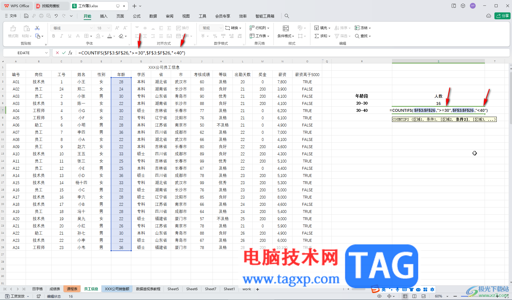 WPS表格电脑版统计不同年龄段人数的方法教程