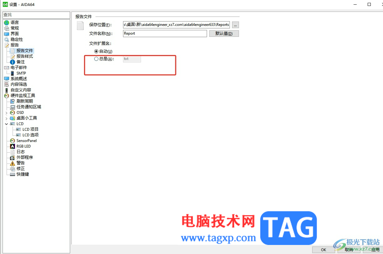 aida64设置报告文件的扩展名总是为txt的教程